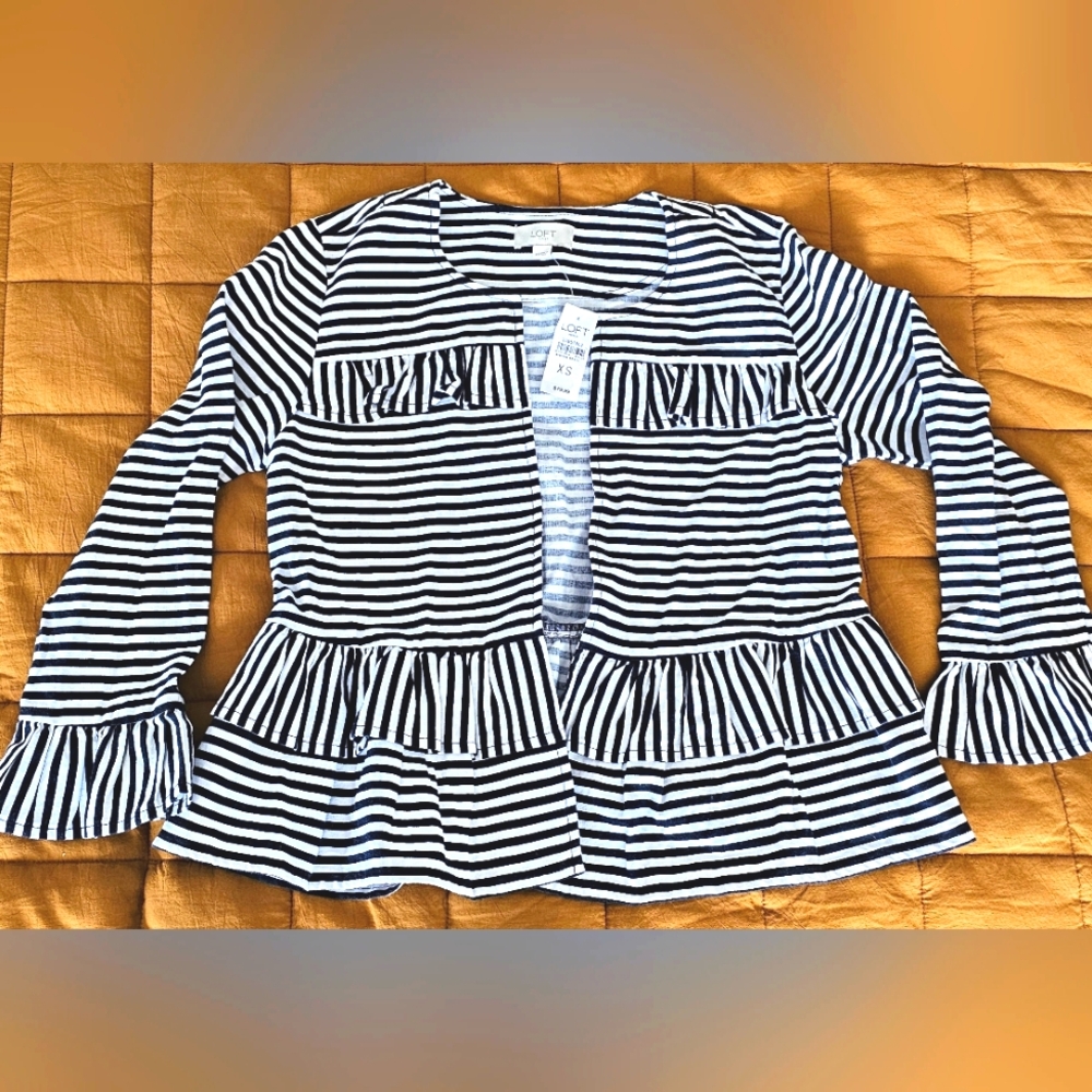LOFT Navy and White Striped Ruffle Open Lightweight Blazer sz XS